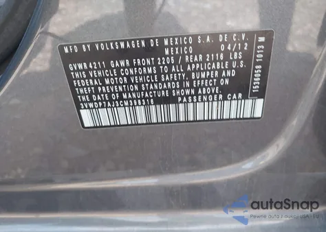 2012 Volkswagen Jetta 2.5L Se from USA, damaged, VIN 3VWDP7AJ3CM398316